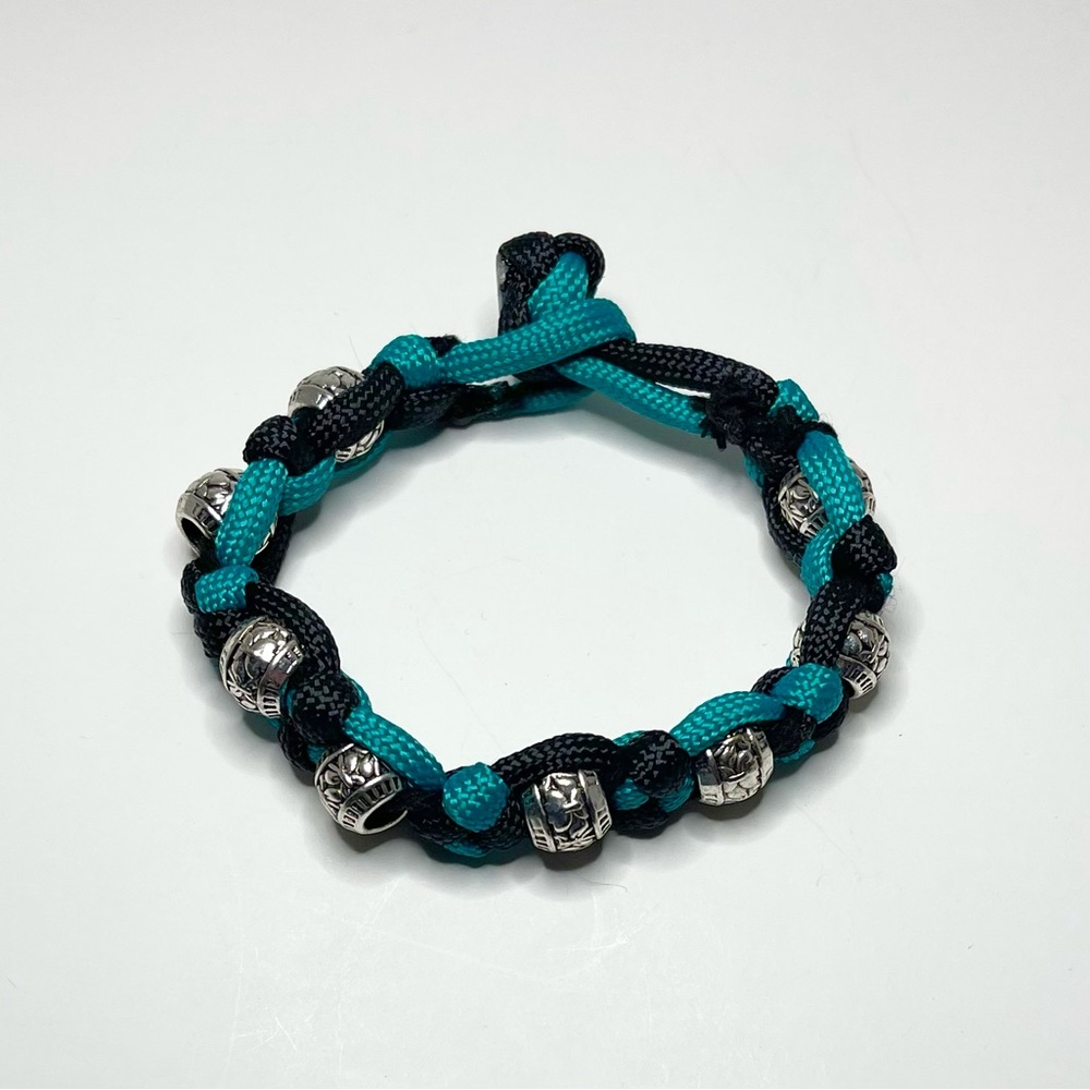 Handmade Black and Teal Macrame Parachute Cord Bracelet Silver Floral Beads